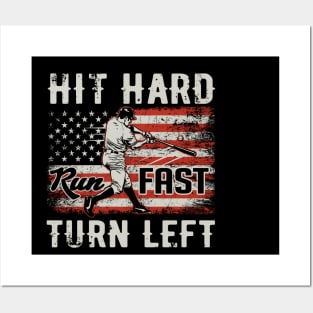 Hit Hard Run Fast Turn Left USA Flag Baseball Player Posters and Art